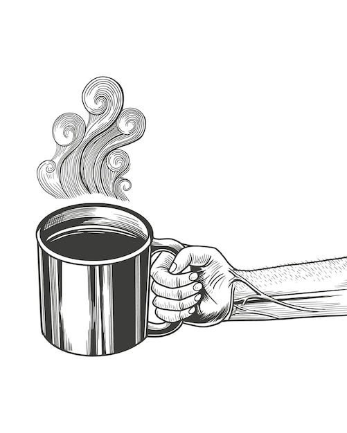 Mano que sostiene la taza de café, ilustración vectorial vintage