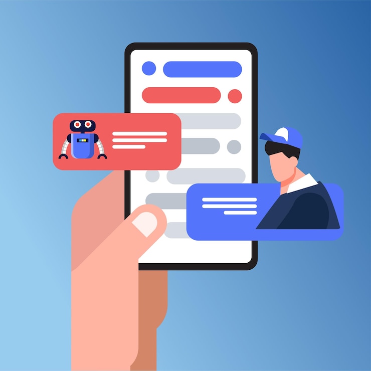 Vector mano que sostiene el teléfono con el chico de conversación y la aplicación móvil de bot de chat en línea