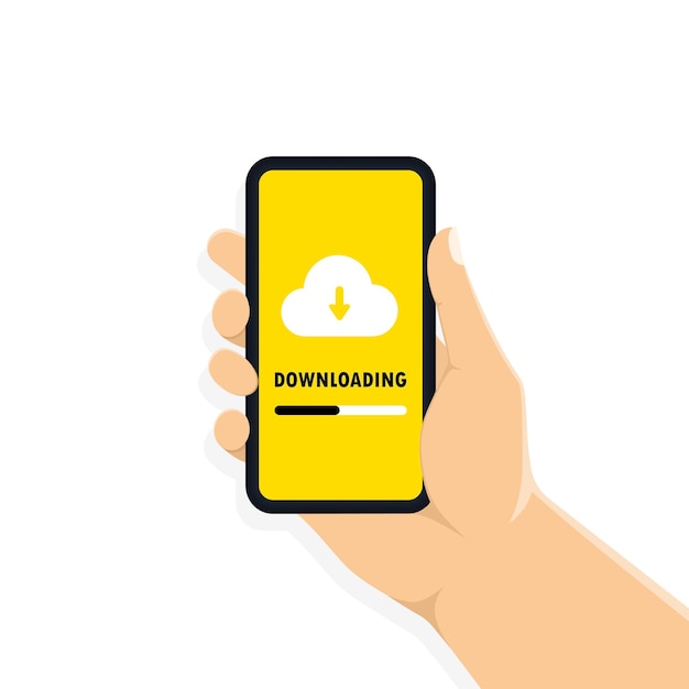 Mano que sostiene el teléfono inteligente con botón para descargar y nube en pantalla