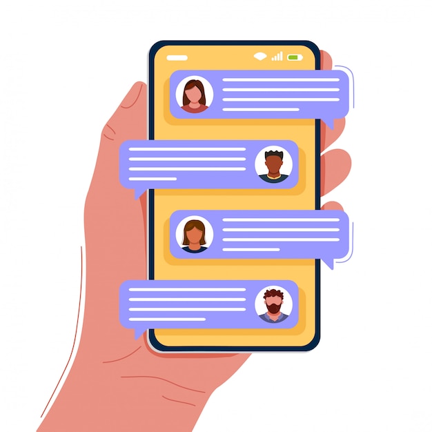 Vector mano que sostiene el teléfono inteligente con burbujas de chat