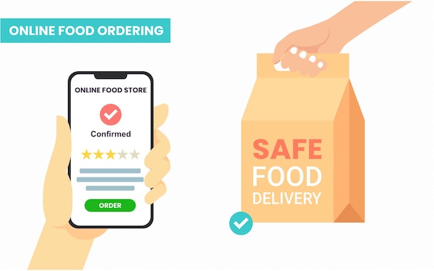 Mano que sostiene el teléfono inteligente comprar comida en línea Ordenar comida concepto en línea