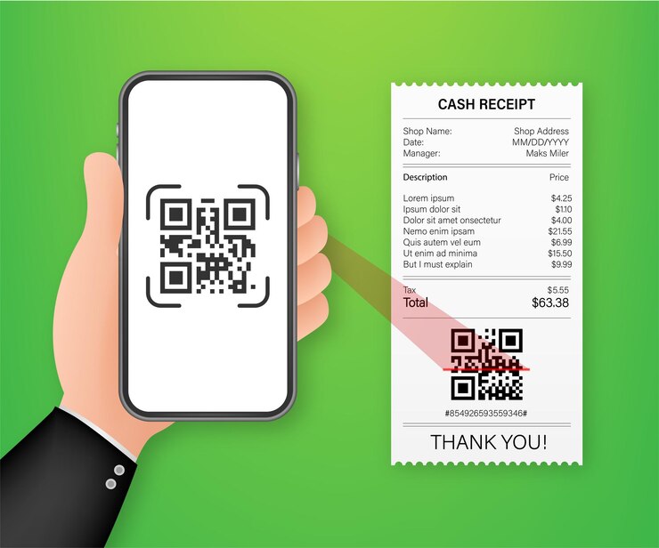Vector mano que sostiene el teléfono inteligente para escanear el código qr en papel para obtener más detalles. ilustración de stock vectorial.