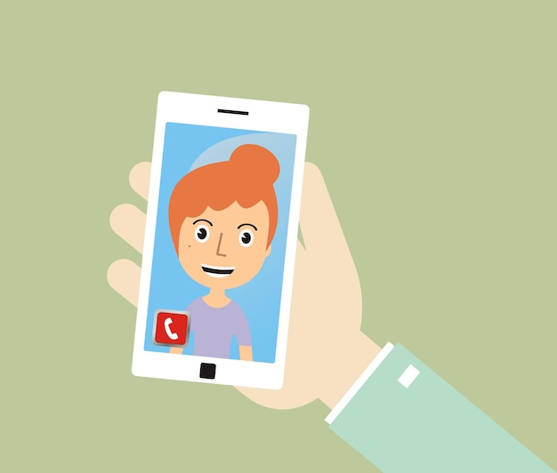 Mano que sostiene el teléfono inteligente y hacer una videollamada Diseño plano moderno Comunicación en el concepto de red Ilustración vectorial
