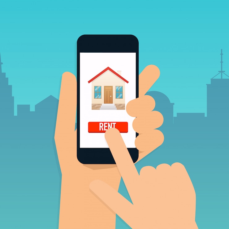 Vector mano que sostiene el teléfono inteligente móvil con la aplicación de apartamentos de alquiler. oferta de compra de vivienda, alquiler de inmuebles. concepto de ilustración moderna