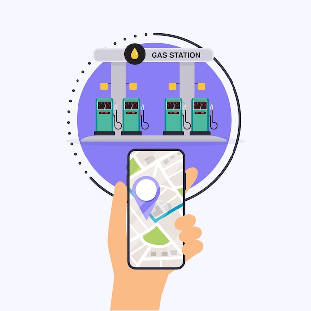 Mano que sostiene el teléfono inteligente móvil con gasolinera de búsqueda de aplicaciones. Encontrar más cercano en el mapa de la ciudad.