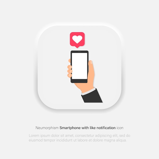 Mano que sostiene el teléfono inteligente móvil con iconos de notificación Me gusta Medios sociales y concepto de marketing en estilo neumorfismo Ilustración vectorial EPS 10