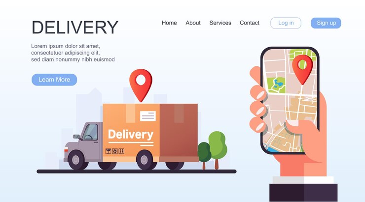 Vector mano que sostiene el teléfono inteligente móvil con seguimiento de entrega de aplicaciones. diseño de gráficos de información creativa plana moderna de vector en la aplicación.