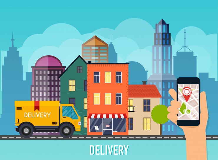 Vector mano que sostiene el teléfono inteligente móvil con seguimiento de entrega de aplicaciones. gráficos modernos de información creativa en la aplicación