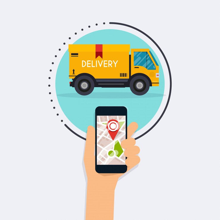 Vector mano que sostiene el teléfono inteligente móvil con seguimiento de entrega de aplicaciones móviles. diseño de gráficos de información creativa plana moderna en la aplicación de seguimiento de entrega. concepto de ilustración moderna de diseño plano.