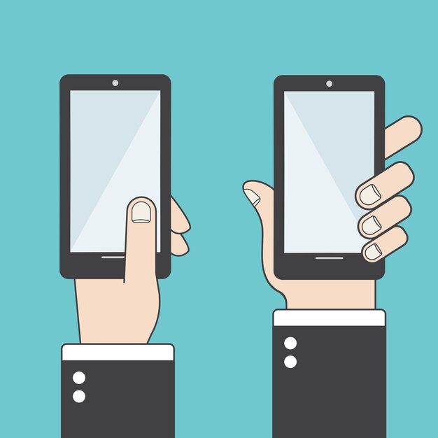 Mano que sostiene el teléfono inteligente negro. Uso de teléfono inteligente móvil, concepto de diseño plano. Eps 10 ilustración vectorial.