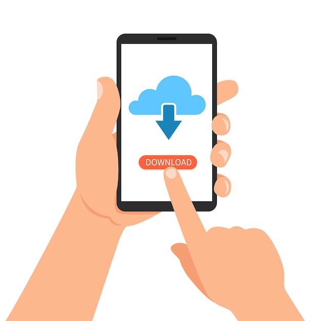 Mano que sostiene el teléfono inteligente con la nube y el botón de descarga ilustración vectorial