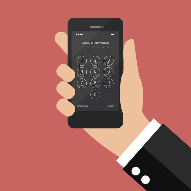 Mano que sostiene el teléfono inteligente con pantalla de inicio de sesión e ingresando el código de acceso. ilustración vectorial