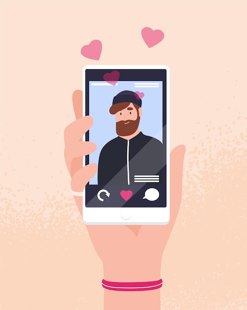 Mano que sostiene el teléfono inteligente con retrato de hombre barbudo en pantalla y corazones