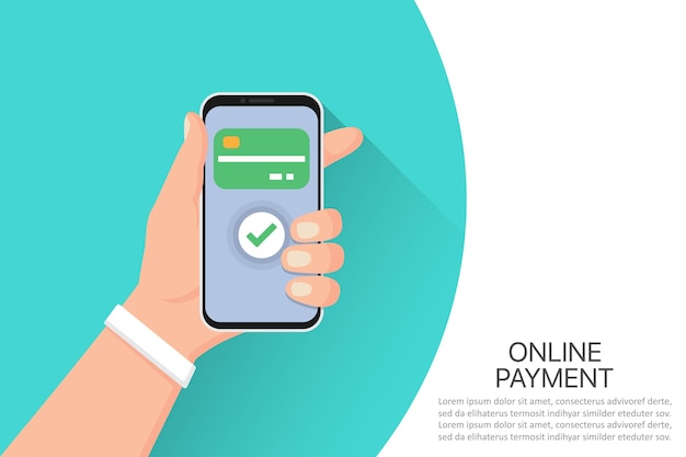 Mano que sostiene el teléfono inteligente con sistema de pago en línea en un diseño plano