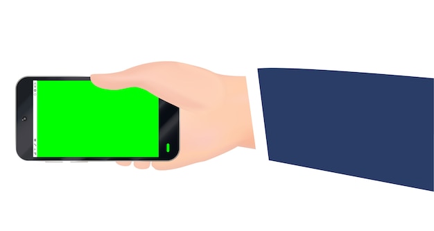 Vector mano que sostiene el teléfono inteligente con el vector de pantalla verde