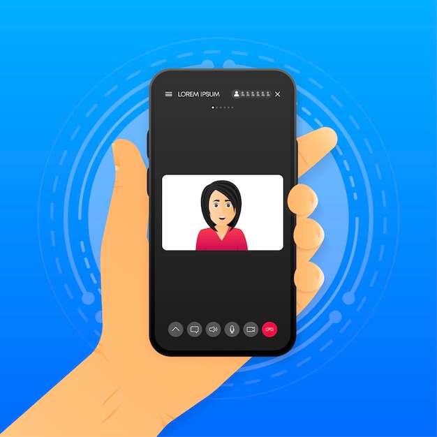 Vector mano que sostiene el teléfono inteligente con video call mobile hablando en el concepto de chat de video ilustración vectorial