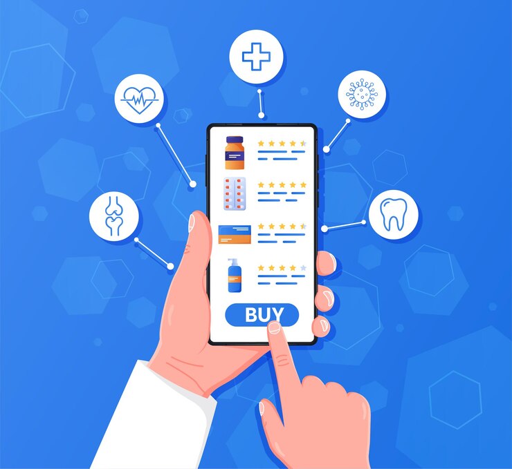 Vector mano que sostiene el teléfono móvil con la aplicación de compras de farmacia por internet