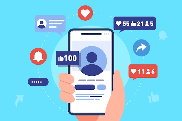 Mano que sostiene el teléfono móvil con la aplicación de redes sociales como comentario de seguidor Ilustración vectorial