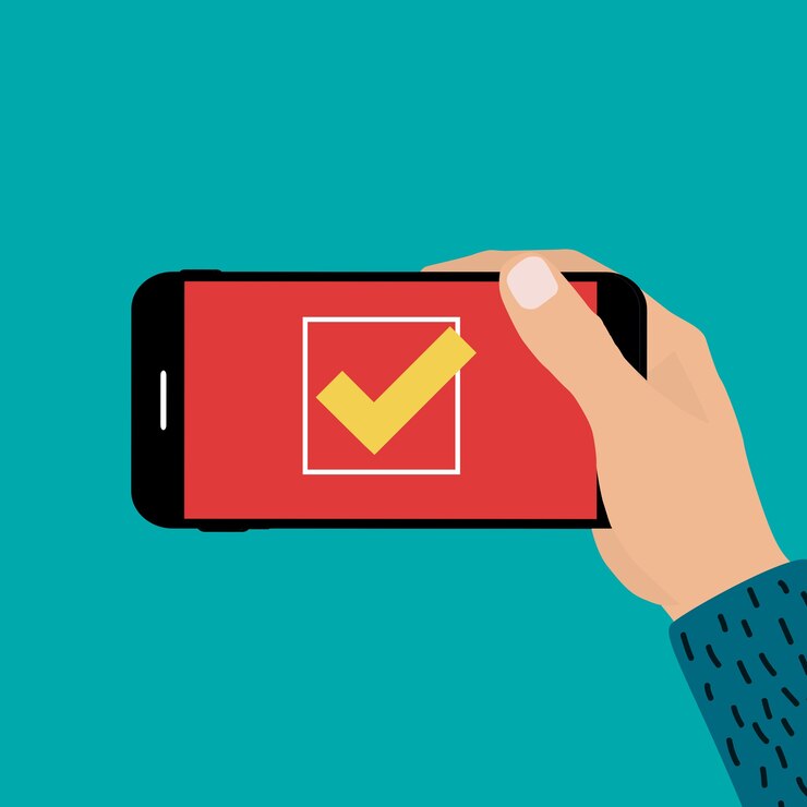 Vector mano que sostiene el teléfono móvil con el signo de marca sí.