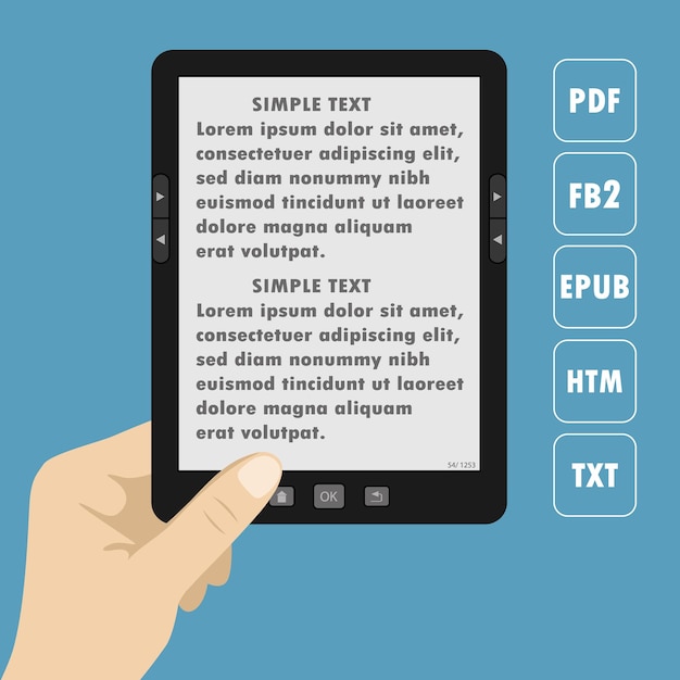 Mano que sostiene el texto del lector de libros electrónicos de tableta moderna portátil en la ilustración de vector de pantalla