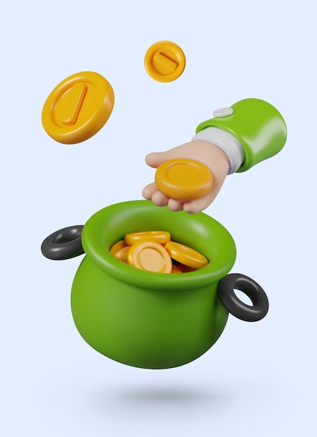 La mano realista saca una moneda de oro de la olla de duende verde