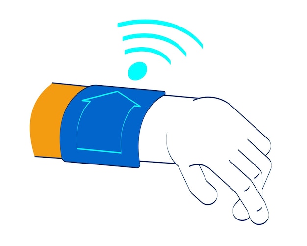 Mano de reloj inteligente con control remoto en el hogar y señal wifi dibujado en dibujos animados