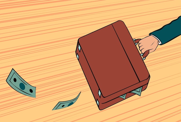 Mano de un rico hombre de negocios con una caja de dinero Vector ilustración de dibujos animados arte pop
