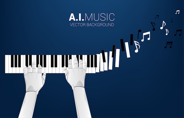 La mano del robot pianista con tecla de piano se transforma en nota musical. Concepto de fondo para la inteligencia artificial y la composición musical.