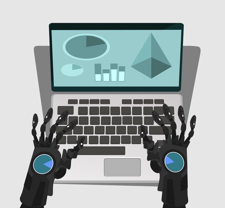 Vector mano de robot trabaja en la computadora