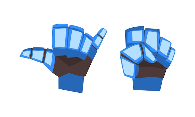 Mano robótica azul de metal que muestra varios conjuntos vectoriales de gestos