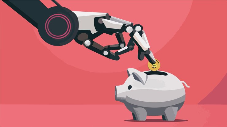 Vector mano robótica insertando moneda en el concepto de tecnología financiera de piggy bank