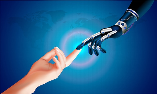 Mano robótica y mano humana que se conectan en un espacio virtual.