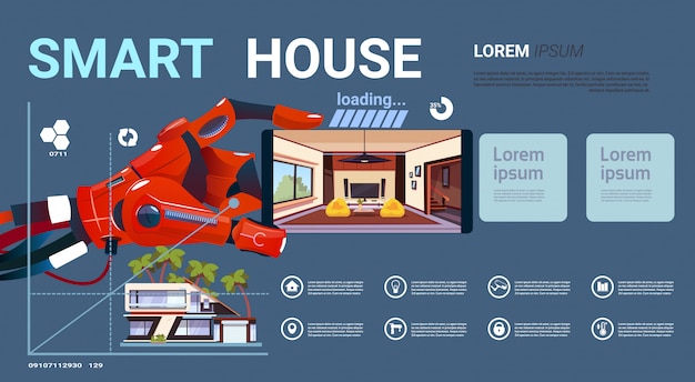 Mano robótica que sostiene smartphone con la interfaz de control de la casa inteligente, tecnología moderna del concepto de automatización del hogar