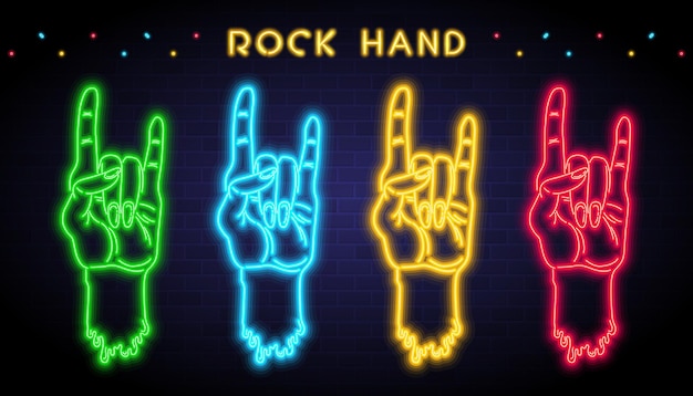 Mano de roca con elementos brillantes de luz de neón.