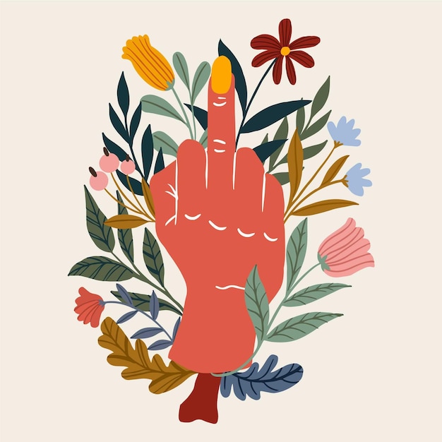 Vector mano rodeada de flores mostrando el dedo medio