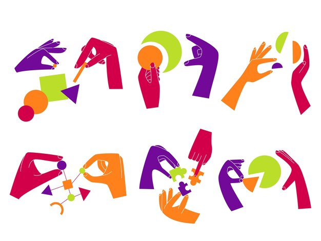 Mano con rompecabezas Concepto de trabajo en equipo de dibujos animados con brazos sosteniendo y trabajando con objetos geométricos abstractos Unirse a piezas coloridas de rompecabeos Conjunto vectorial de análisis de datos o resolución de problemas