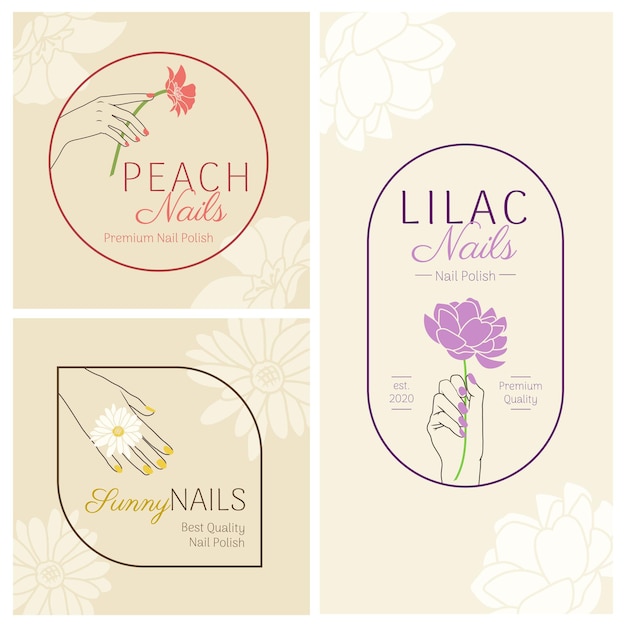 Vector mano de salón de belleza de uñas con conjunto de flores