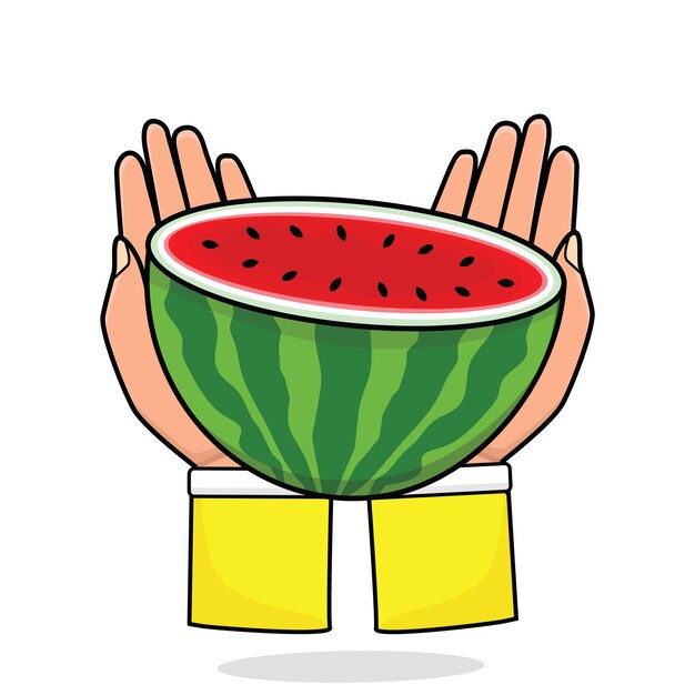 Mano de sandía sosteniendo sandía Rebanada de sandía en la mano Vector de icono de dibujos animados maduros de sandía