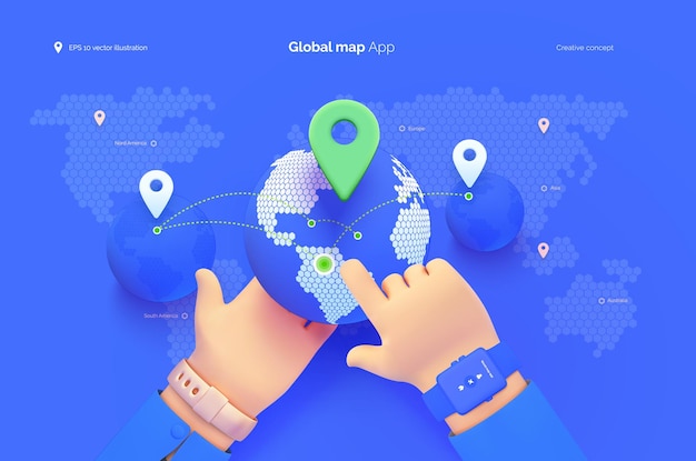 La mano selecciona una ubicación en el mapa Interfaz de usuario del mapa mundial