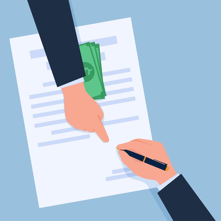 Vector la mano señala el área de la firma mientras que debajo hay dinero como metáfora de un acuerdo de soborno.