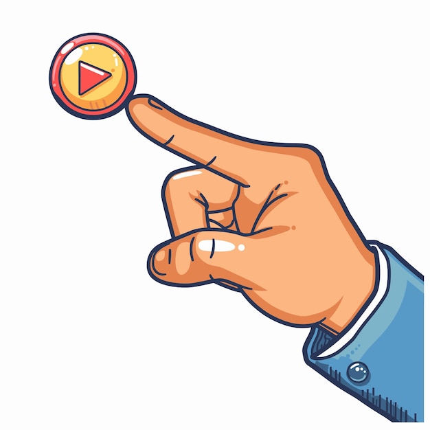 La mano señala el concepto del botón de juego del traje de negocios de dibujos animados, el gesto del dedo presiona el control de inicio, el toque