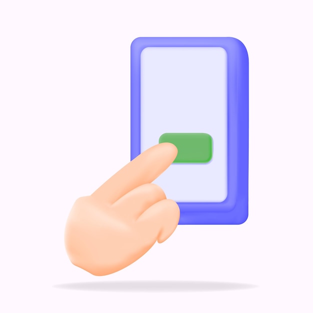 La mano señala el dedo del teléfono inteligente y el botón verde para presionar la ilustración vectorial 3D de la pantalla táctil