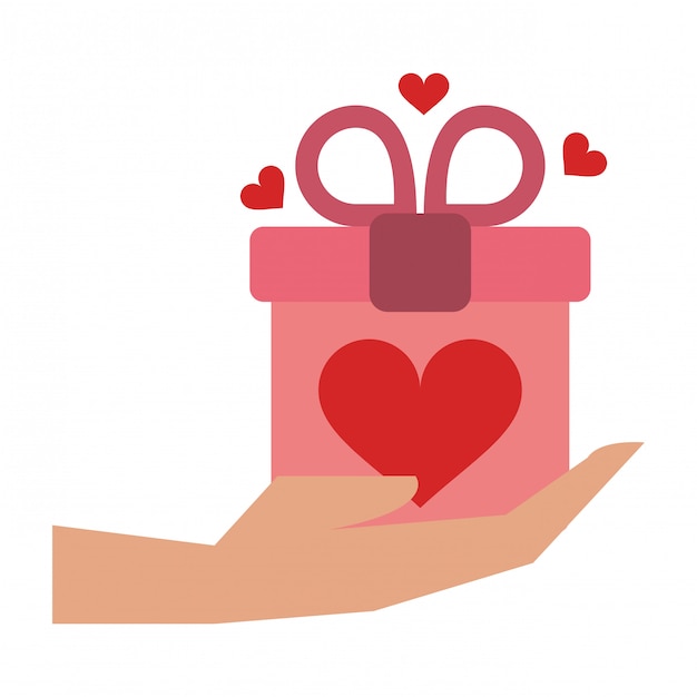 mano con el símbolo del corazón caja de regalo romántico
