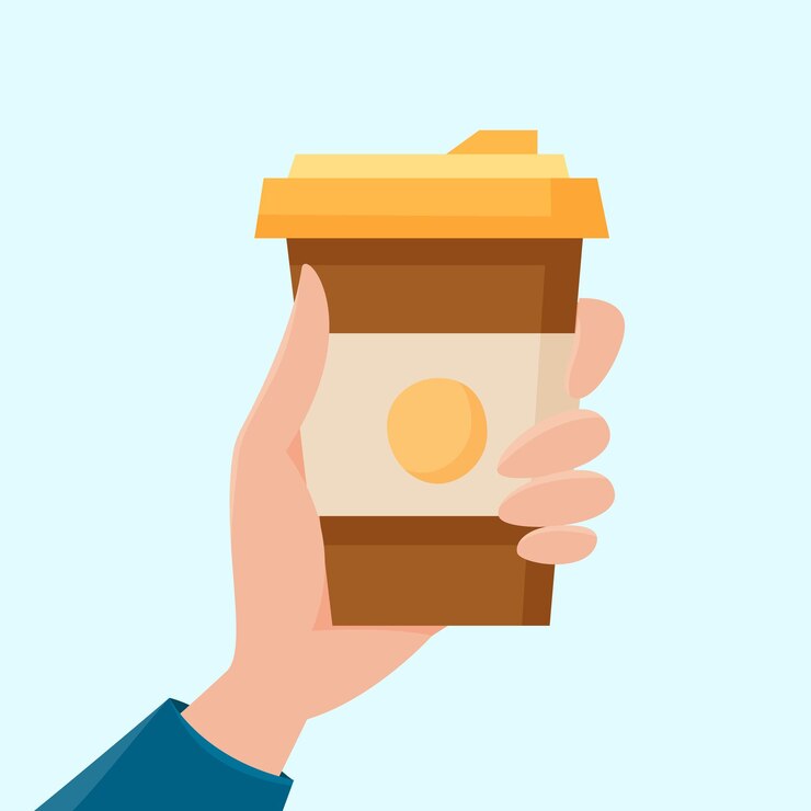 Vector mano sostenga una taza de café bebida en una taza desechable para llevar ilustración de vector de estilo de dibujos animados plana