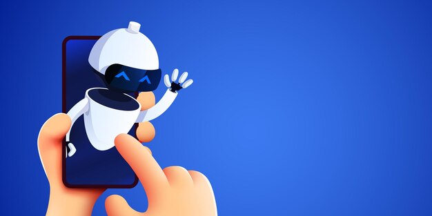 Mano sostenga el teléfono inteligente con robot Chatbot o concepto AI Ilustración vectorial