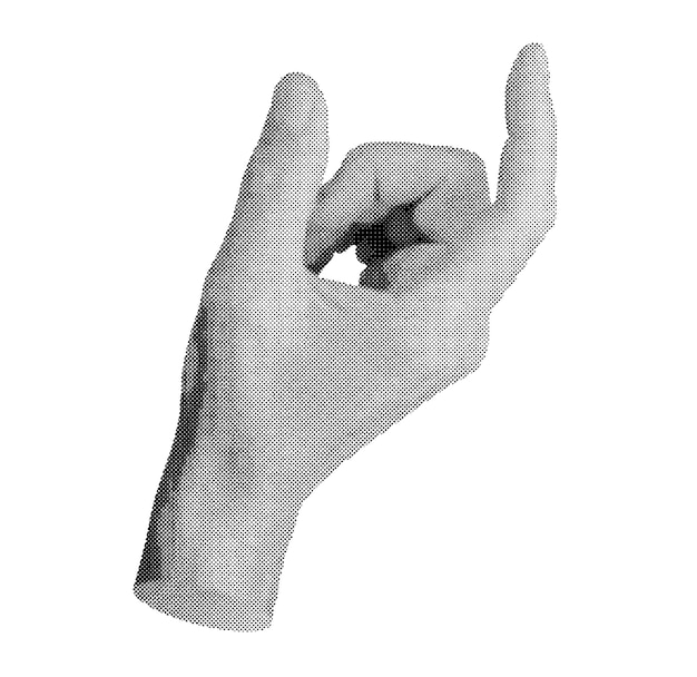 Mano sosteniendo algo invisible espacio entre dos dedos aislado en fondo blanco medio tono