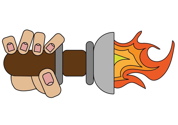 Vector mano sosteniendo una antorcha aislada sobre fondo blanco en estilo de dibujos animados en gráfico vectorial