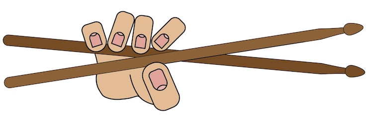 Vector mano sosteniendo baquetas sobre fondo blanco en estilo de dibujos animados