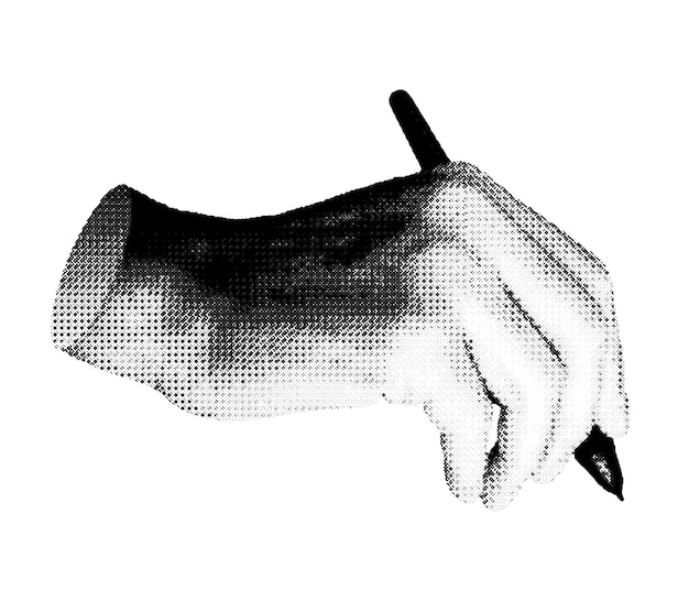 mano sosteniendo bolígrafo escritura firma dibujo vector de estilo semitono aislado sobre fondo blanco