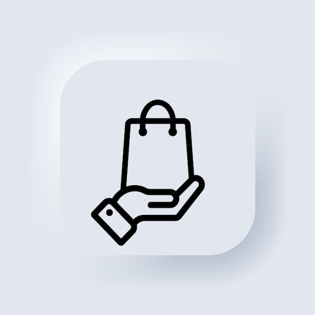 Mano sosteniendo una bolsa de papel. Icono de bolsa de compras. Haga clic y recoja el pedido en línea. Vector. Compra concepto de negocio. Botón web de interfaz de usuario blanco Neumorphic UI UX. Neumorfismo. Vector